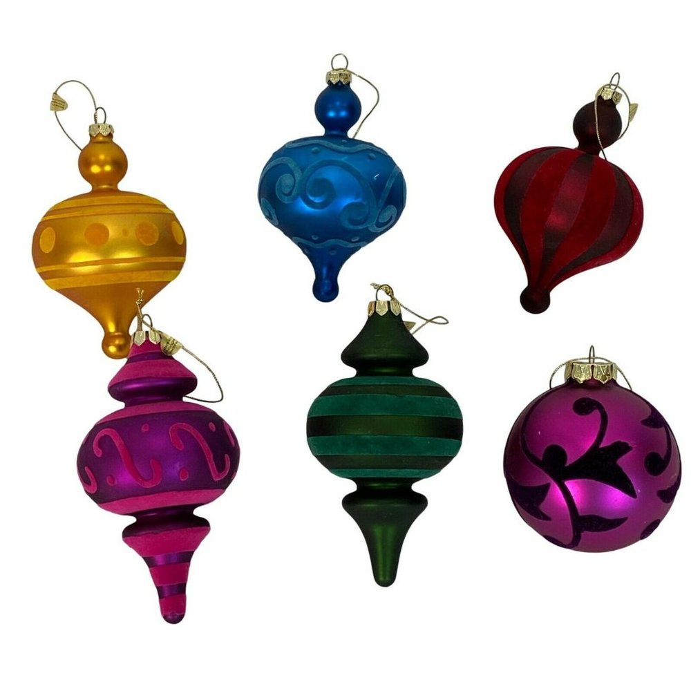 6 Flocked Glass Velvet Velour Christmas Ornaments